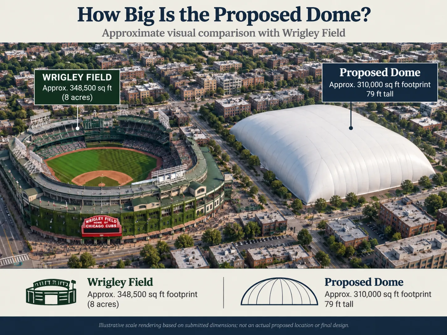Illustrative aerial comparing Wrigley Field, labeled approximately 348,500 square feet, with a white air-supported dome labeled approximately 310,000 square feet and 79-foot-tall. Captioned as an illustrative scale rendering, not an actual proposed location or final design.